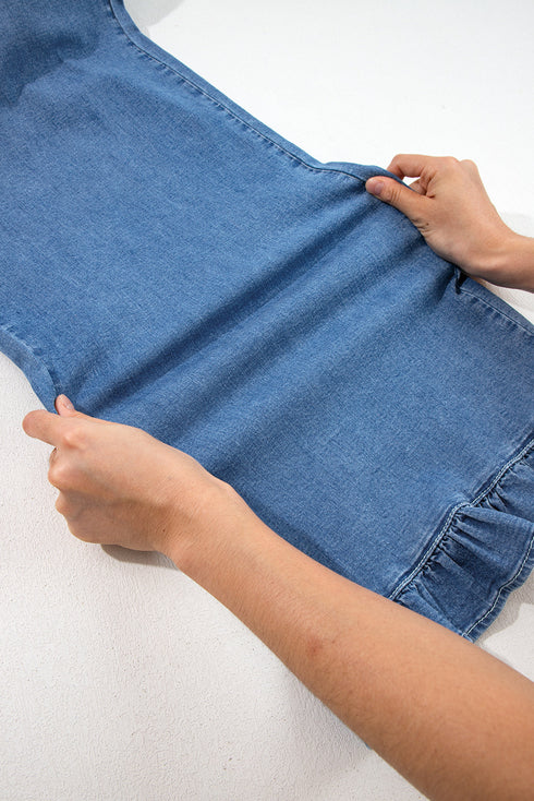 Elastic Waist Ruffled Wide Leg Denim Pants