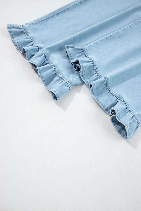 Elastic Waist Ruffled Wide Leg Denim Pants
