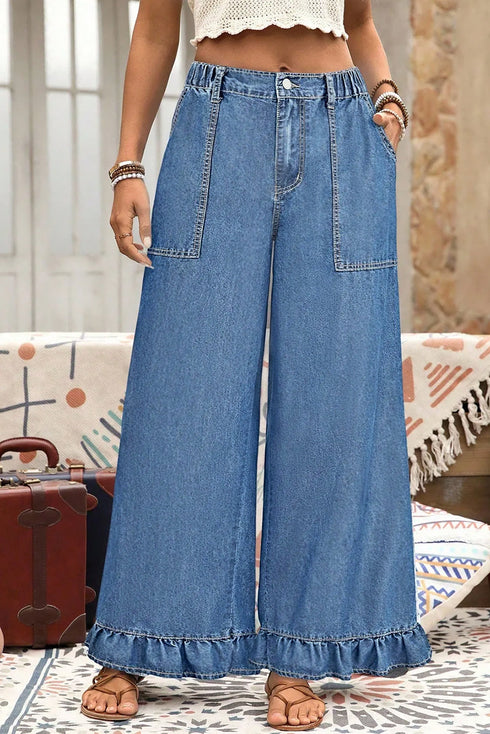 Elastic Waist Ruffled Wide Leg Denim Pants