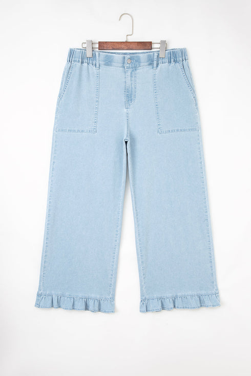 Elastic Waist Ruffled Wide Leg Denim Pants