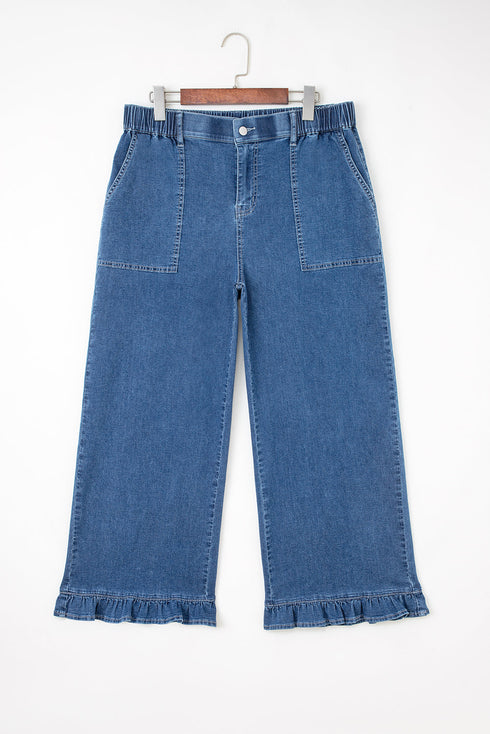Elastic Waist Ruffled Wide Leg Denim Pants