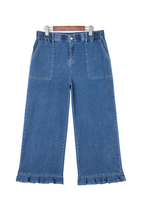 Elastic Waist Ruffled Wide Leg Denim Pants