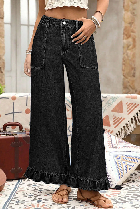 Elastic Waist Ruffled Wide Leg Denim Pants