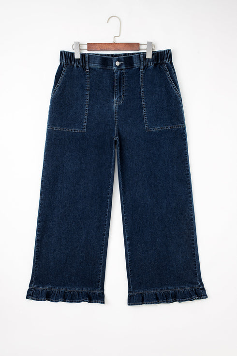 Elastic Waist Ruffled Wide Leg Denim Pants