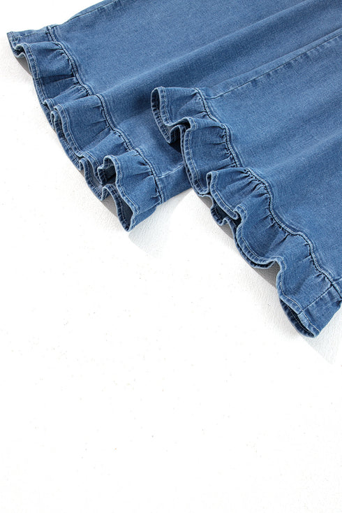 Elastic Waist Ruffled Wide Leg Denim Pants