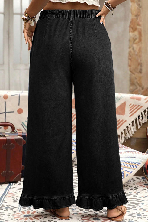 Elastic Waist Ruffled Wide Leg Denim Pants