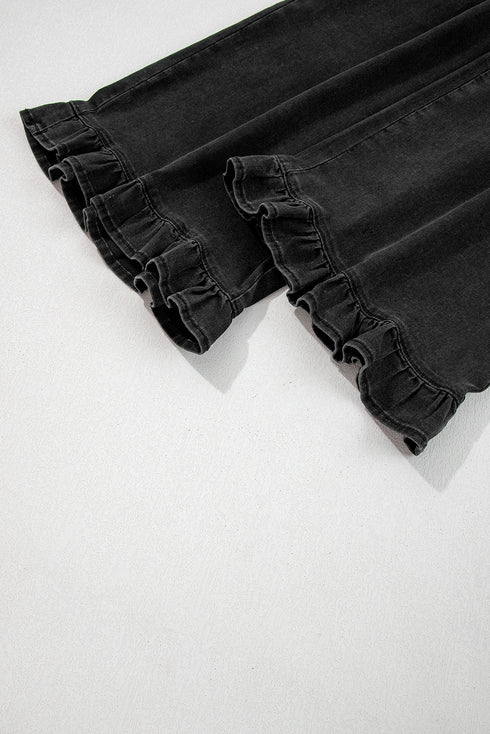 Elastic Waist Ruffled Wide Leg Denim Pants