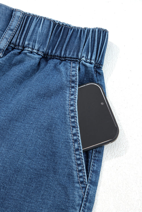 Elastic Waist Ruffled Wide Leg Denim Pants