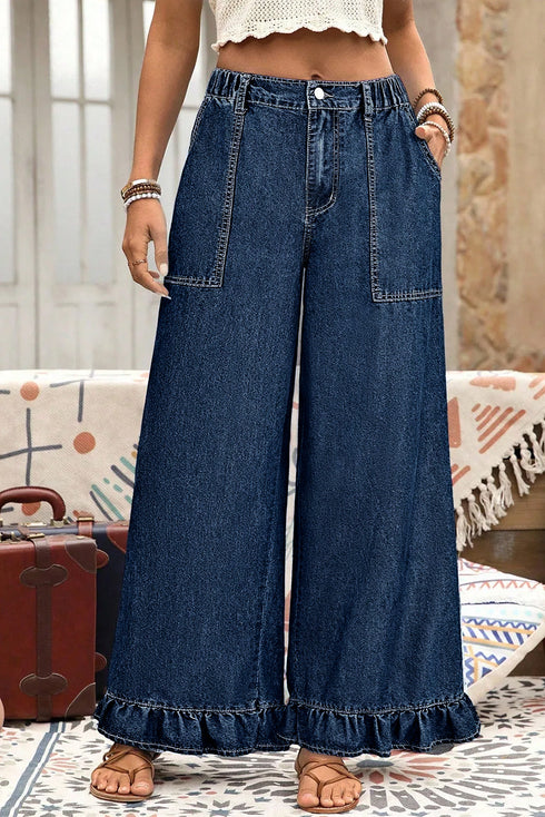 Elastic Waist Ruffled Wide Leg Denim Pants