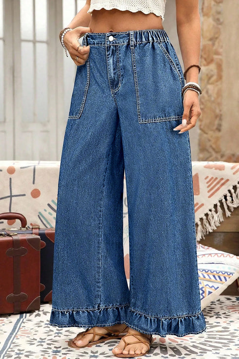 Elastic Waist Ruffled Wide Leg Denim Pants