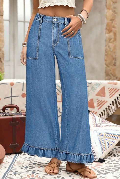 Elastic Waist Ruffled Wide Leg Denim Pants