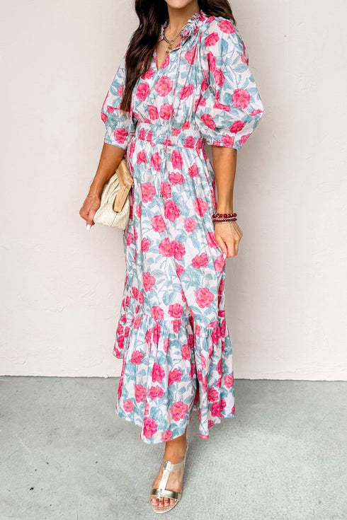 Elegant All Over Floral Print Puff Sleeve Midi Dress