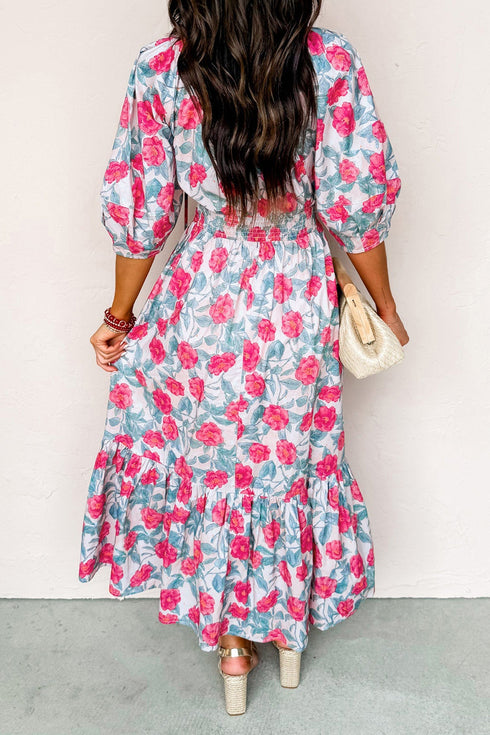 Elegant All Over Floral Print Puff Sleeve Midi Dress
