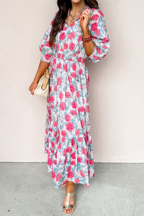 Elegant All Over Floral Print Puff Sleeve Midi Dress