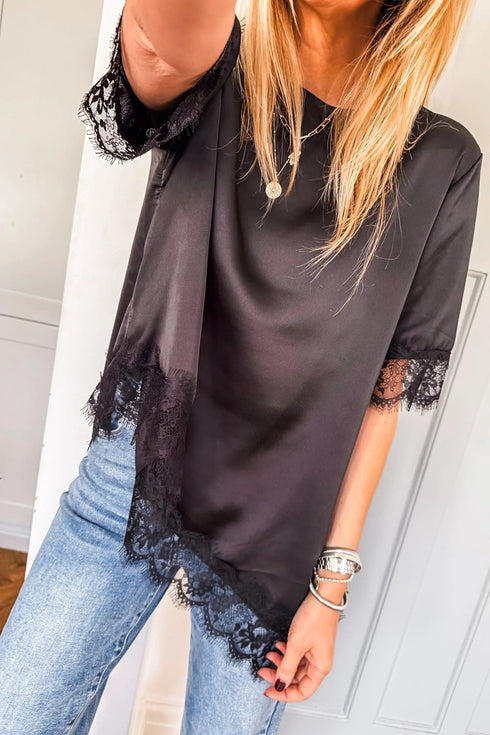 Elegant Asymmetric Lace Trim Short Sleeve Satin Top