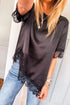 Elegant Asymmetric Lace Trim Short Sleeve Satin Top