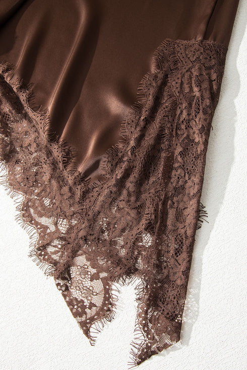 Elegant Asymmetric Lace Trim Short Sleeve Satin Top