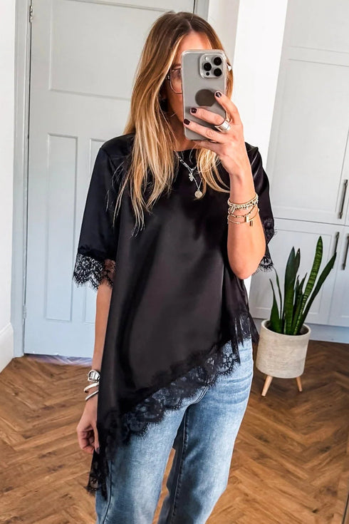 Elegant Asymmetric Lace Trim Short Sleeve Satin Top