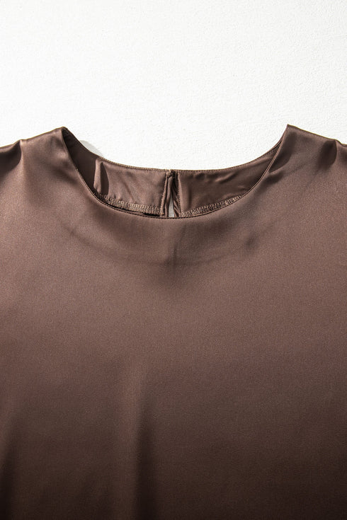 Elegant Asymmetric Lace Trim Short Sleeve Satin Top