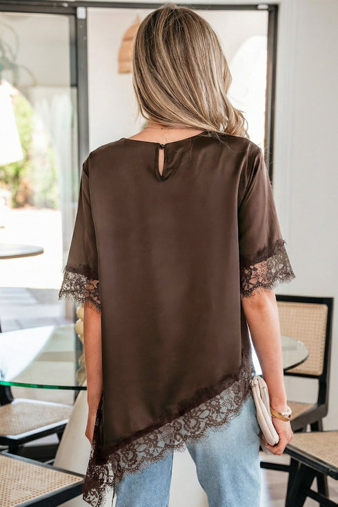 Elegant Asymmetric Lace Trim Short Sleeve Satin Top
