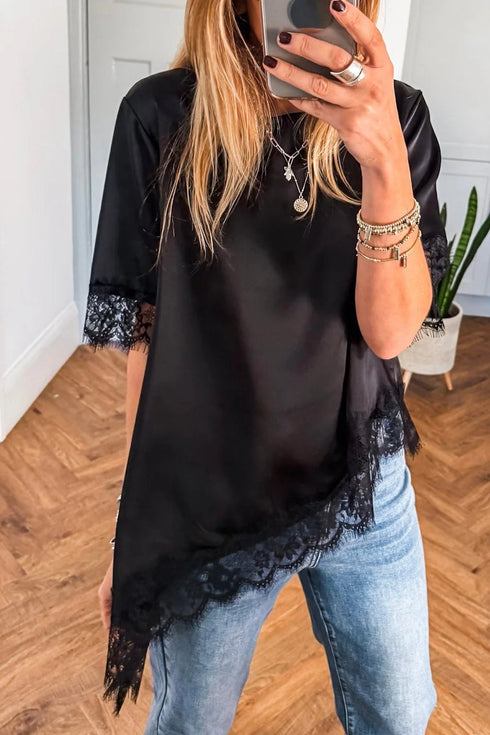Elegant Asymmetric Lace Trim Short Sleeve Satin Top