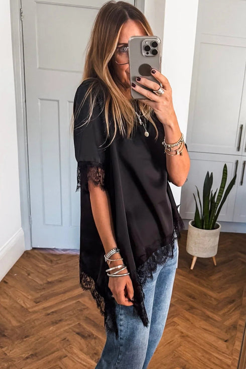 Elegant Asymmetric Lace Trim Short Sleeve Satin Top