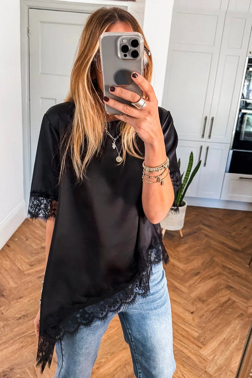 Elegant Asymmetric Lace Trim Short Sleeve Satin Top