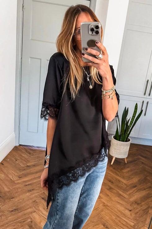 Elegant Asymmetric Lace Trim Short Sleeve Satin Top