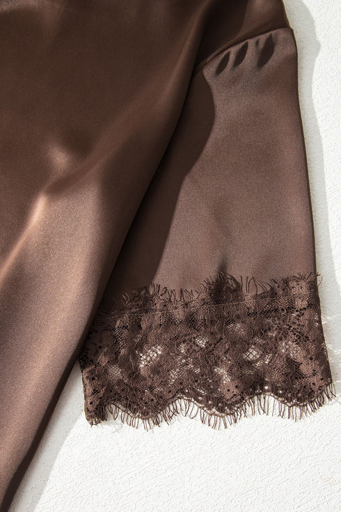 Elegant Asymmetric Lace Trim Short Sleeve Satin Top