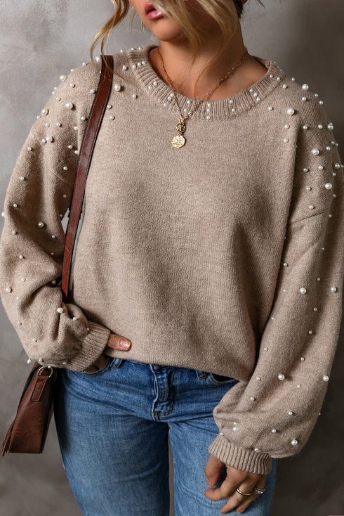 Elegant Beaded Drop Shoulder Plus Size Sweater