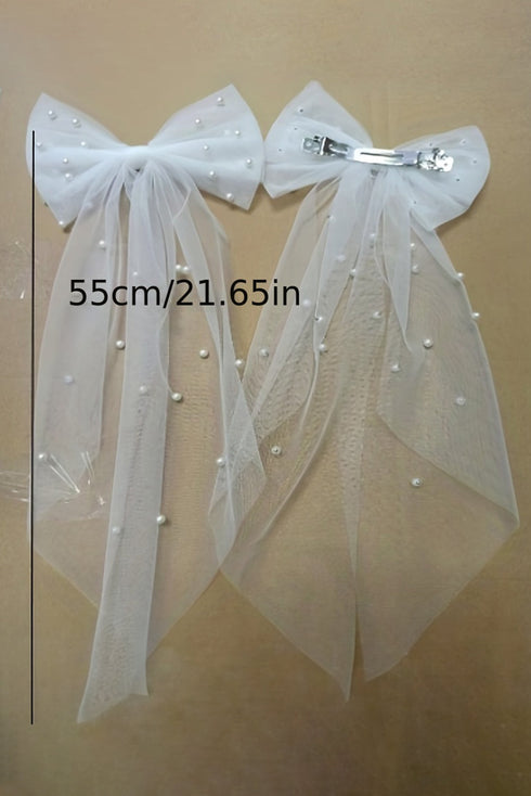 Elegant Beaded Gauze Bowknot Mesh Veil Hair Clip