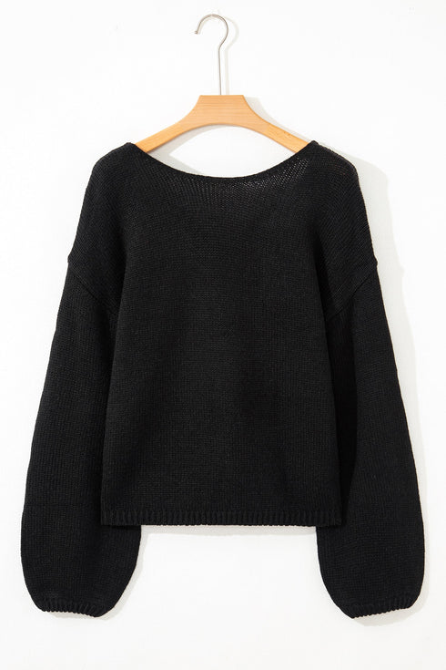 Elegant Bow Detail Backless Bubble Sleeve Knit Sweater