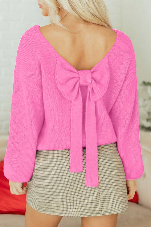 Elegant Bow Detail Backless Bubble Sleeve Knit Sweater
