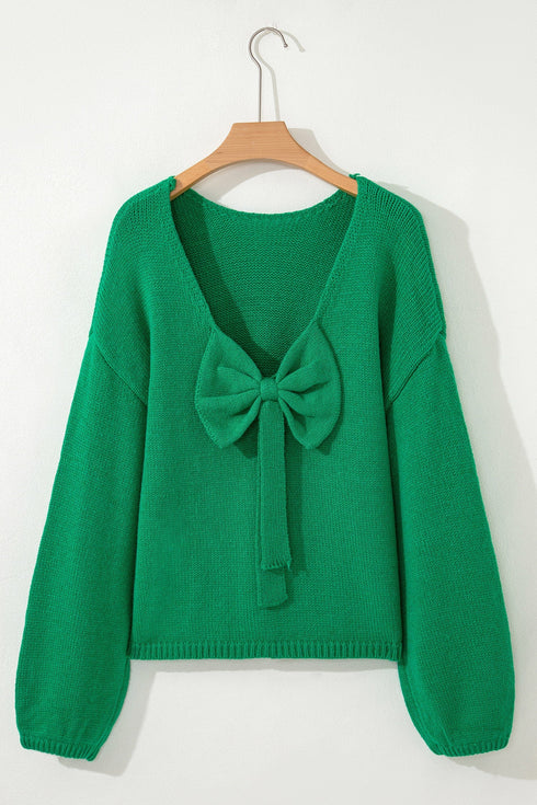 Elegant Bow Detail Backless Bubble Sleeve Knit Sweater