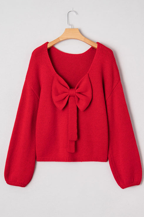 Elegant Bow Detail Backless Bubble Sleeve Knit Sweater
