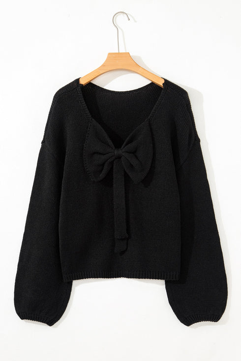 Elegant Bow Detail Backless Bubble Sleeve Knit Sweater