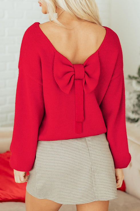 Elegant Bow Detail Backless Bubble Sleeve Knit Sweater