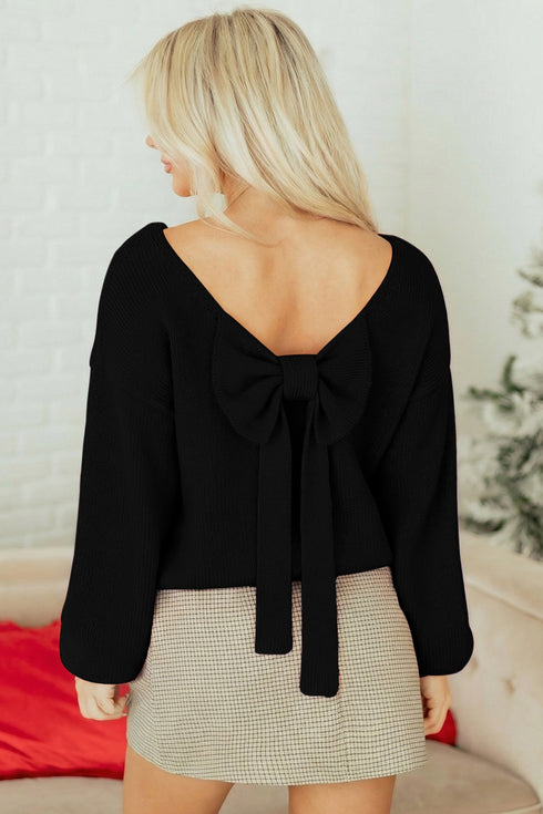 Elegant Bow Detail Backless Bubble Sleeve Knit Sweater