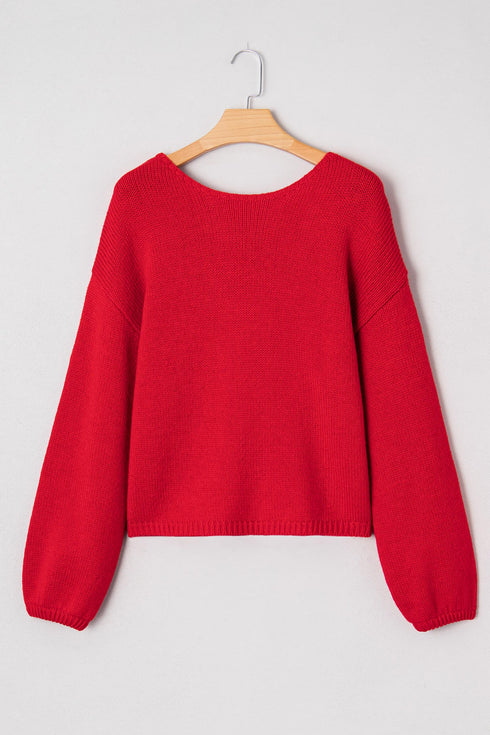 Elegant Bow Detail Backless Bubble Sleeve Knit Sweater