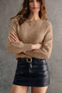 Elegant Button Cuff Detail Bishop Sleeve Crew Neck Pullover Sweater