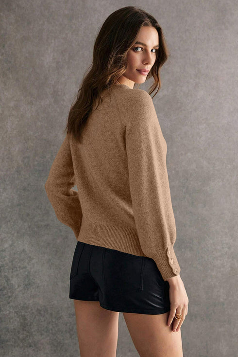 Elegant Button Cuff Detail Bishop Sleeve Crew Neck Pullover Sweater