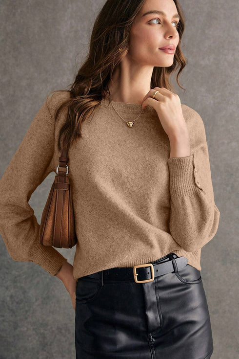 Elegant Button Cuff Detail Bishop Sleeve Crew Neck Pullover Sweater