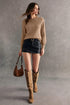 Elegant Button Cuff Detail Bishop Sleeve Crew Neck Pullover Sweater