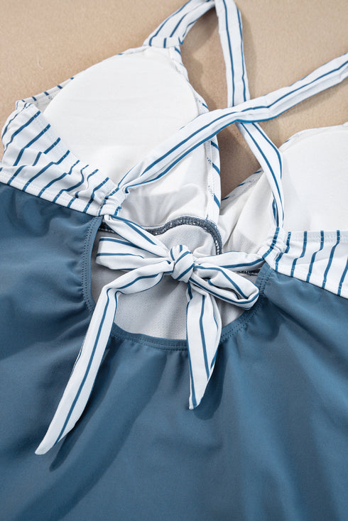 Elegant Criss Cross Ruched Ruffled Detail Two Piece Tankini Swimsuit Set