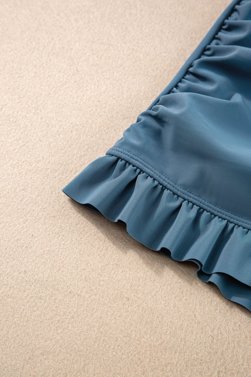 Elegant Criss Cross Ruched Ruffled Detail Two Piece Tankini Swimsuit Set