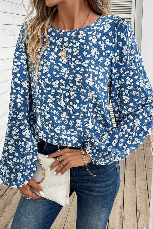Elegant Ditsy Floral Print Lantern Sleeve Woven Blouse