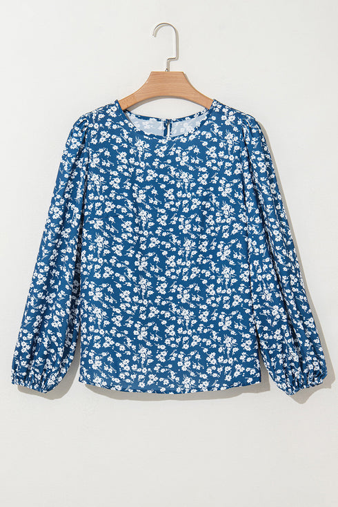 Elegant Ditsy Floral Print Lantern Sleeve Woven Blouse