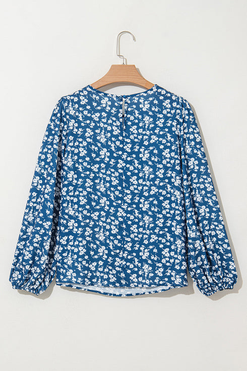 Elegant Ditsy Floral Print Lantern Sleeve Woven Blouse