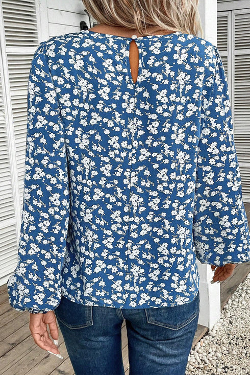 Elegant Ditsy Floral Print Lantern Sleeve Woven Blouse