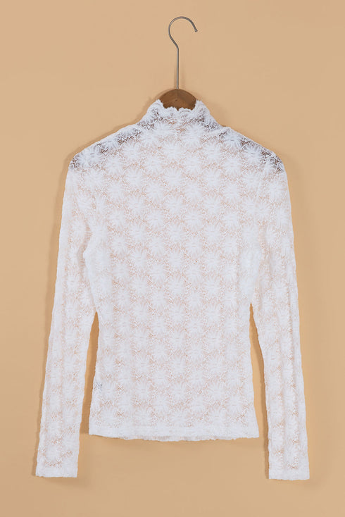 Elegant Floral Lace High Neck Long Sleeve Sheer Top